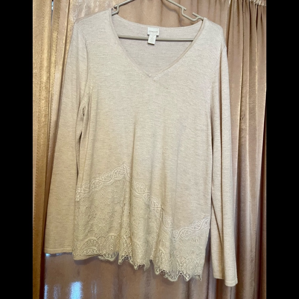 Chicos Sweater Lace Trimmed Long Sleeve Beige Soft